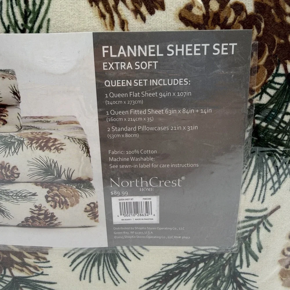 North Crest Home Flannel Sheet Set QUEEN Extra Soft Pine Cones Trees NEW